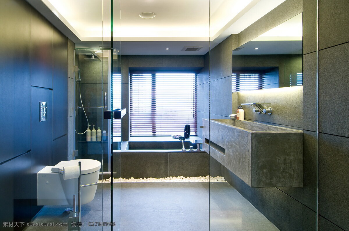 简约 卫生间 马桶 装修 效果图 玻璃隔断 方形吊顶 灰色墙壁 镜子 浴缸