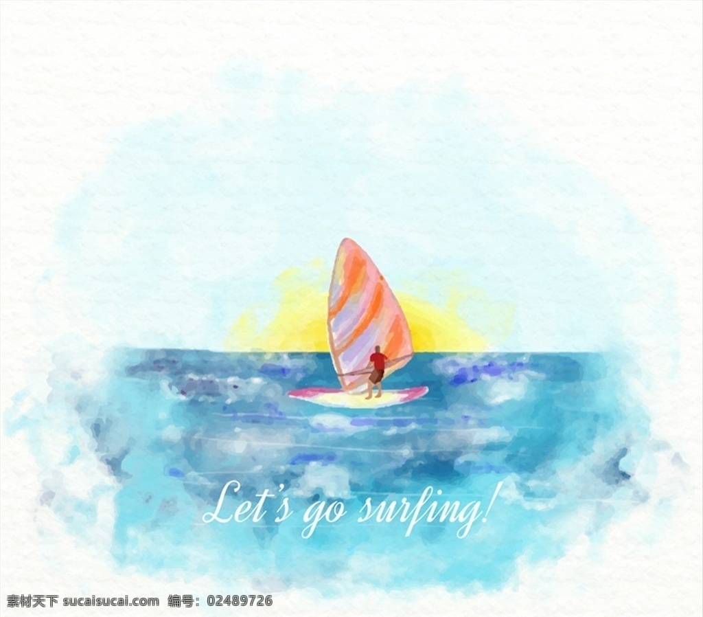 水彩 绘 大海 中 冲浪 帆板 矢量 男子 运动 太阳 文化艺术 绘画书法