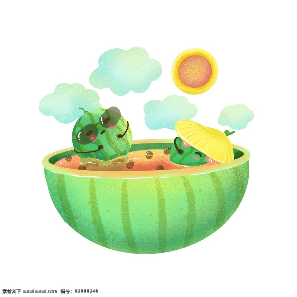 立夏 西瓜 手绘 创意 水果 卡通 形象 夏日 夏天 夏季 西瓜汁 太阳 云朵 清凉
