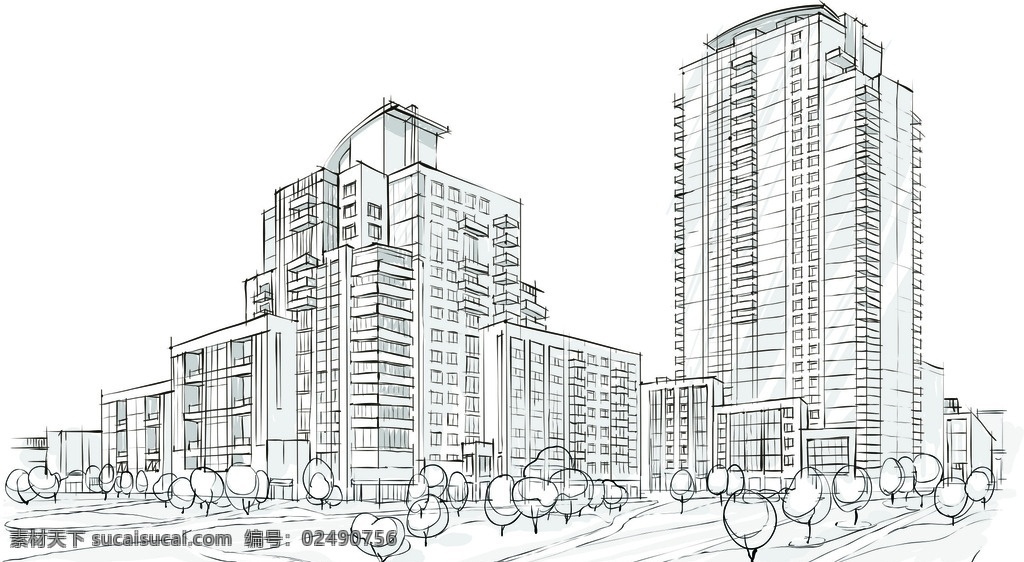 素描城市建筑 手绘 素描 城市 高楼 建筑 矢量 矢量素材