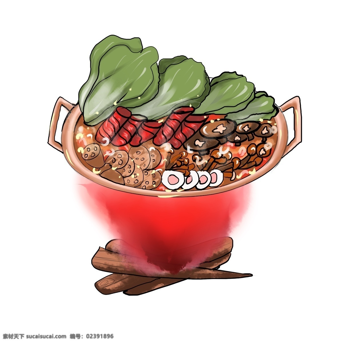 麻辣 羊肉 手绘 火锅 商用 美食 食物 蘑菇 火 香锅 海报元素 美食海报元素 青菜 香菇 莲藕 木材