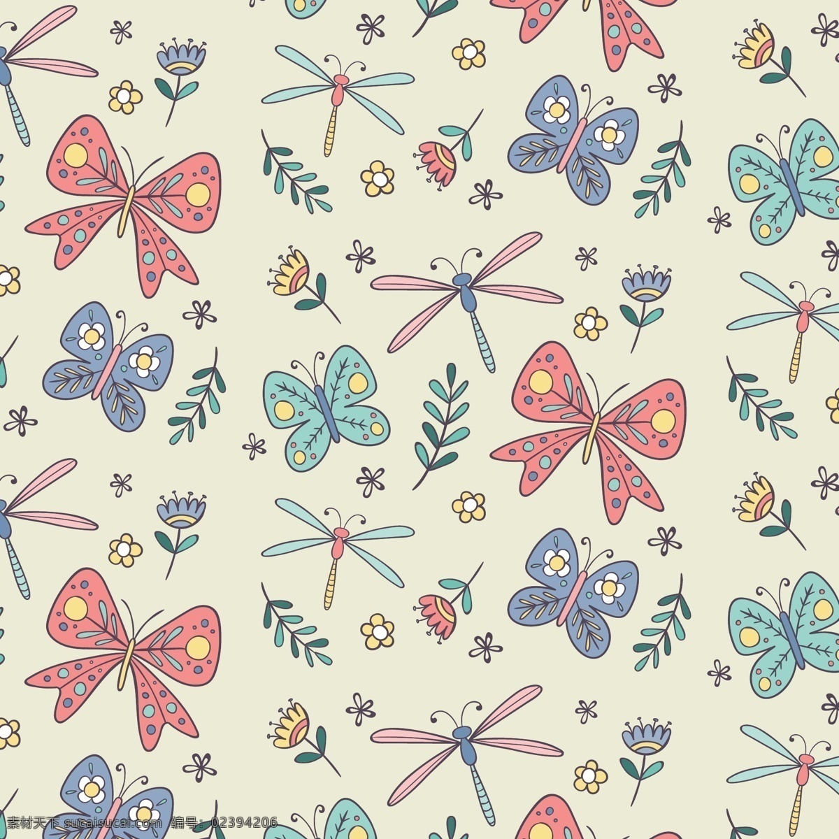 手工 绘制 蜻蜓 蝴蝶 图案 背景 花卉 手 自然 春天 画 可爱的 叶 花 植物 春 无缝 模式