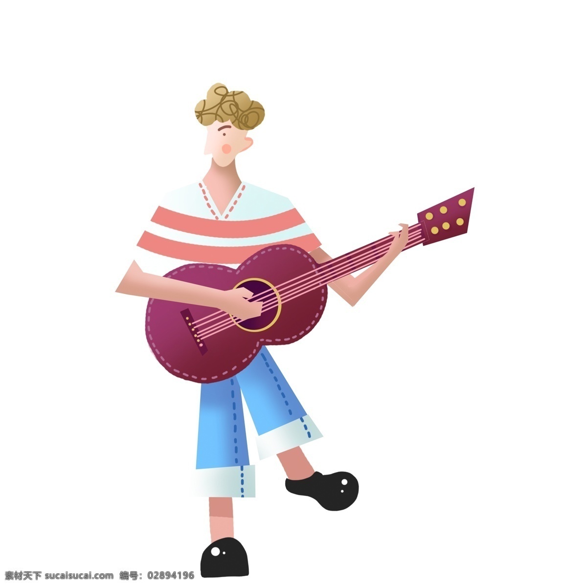 卡通 手绘 弹 吉他 少年 插画 人物 弹吉他 复古肌理