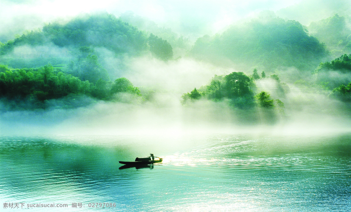 雾漫小东江 雾 湖 水 水波 小船 渔夫 树 自然景观 自然风景 摄影图库