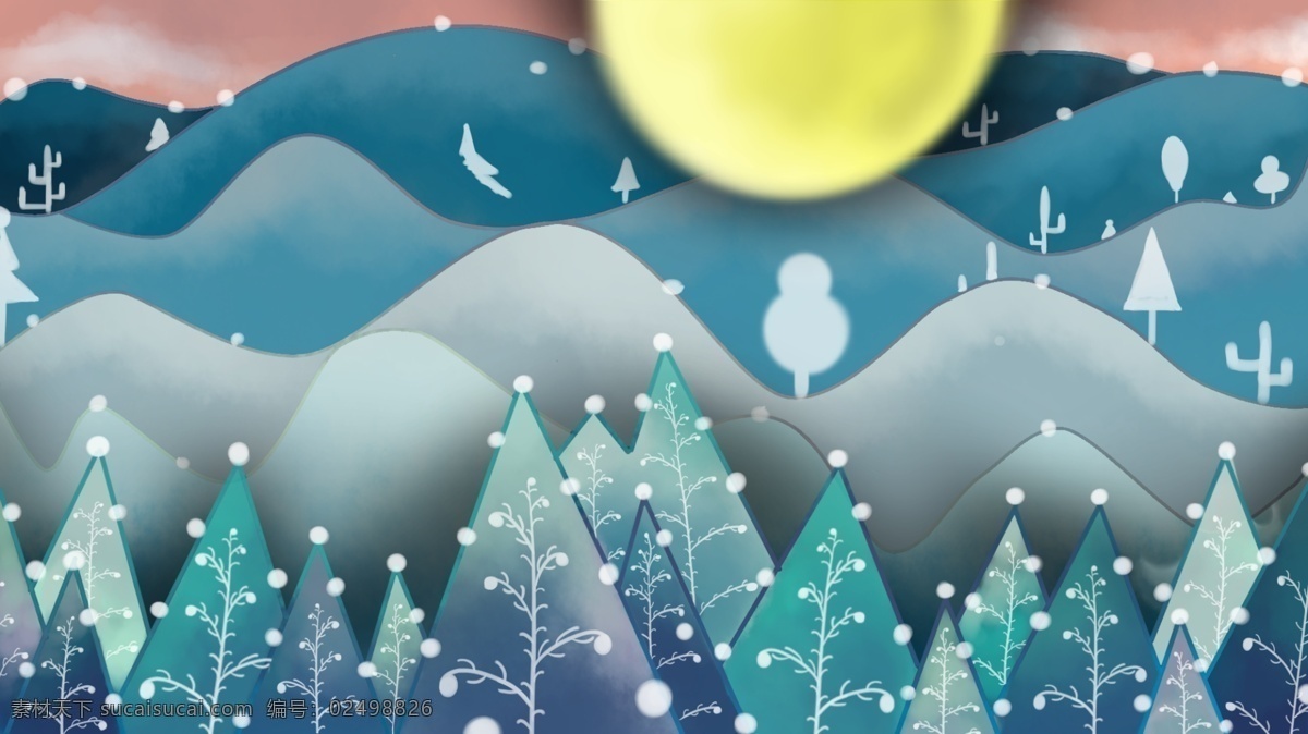 蓝色 山峰 树木 月亮 卡通 背景