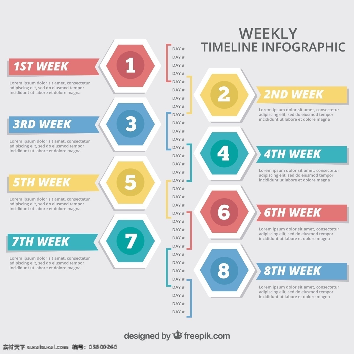 不同 颜色 每周 时间 线 信息 信息图 业务 几何 时间线 营销 平面 图表 流程 数据 增长 图形