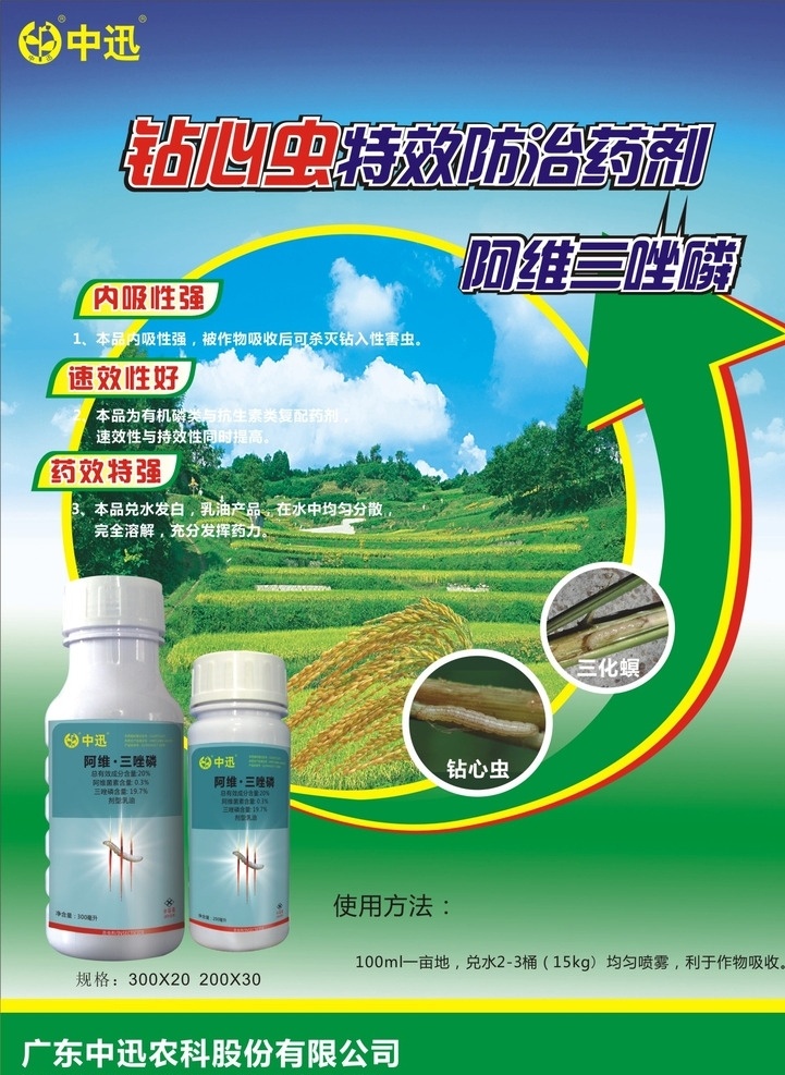 农药 宣传单 阿维三唑磷 单页海报 农药广告 箭头 绿色背景 钻心虫 三化螟 单页设计 中迅标志 稻谷 稻田 蓝天白云 种子 化肥 广告