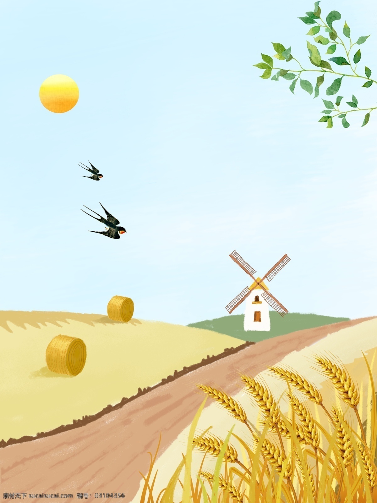 清新 黄色 芒种 麦田 收获 风景 背景 夏季风景 夏天 麦子 树叶