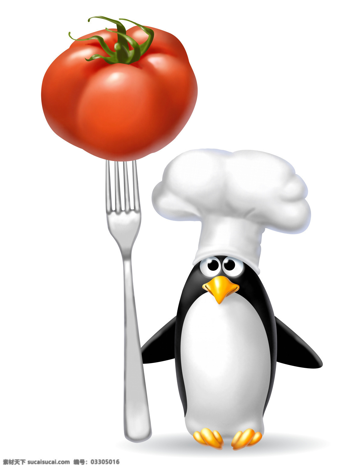 可爱 厨师 企鹅 可爱卡通 卡通动物 叉子 厨师帽子 蕃茄 西红柿 生物世界