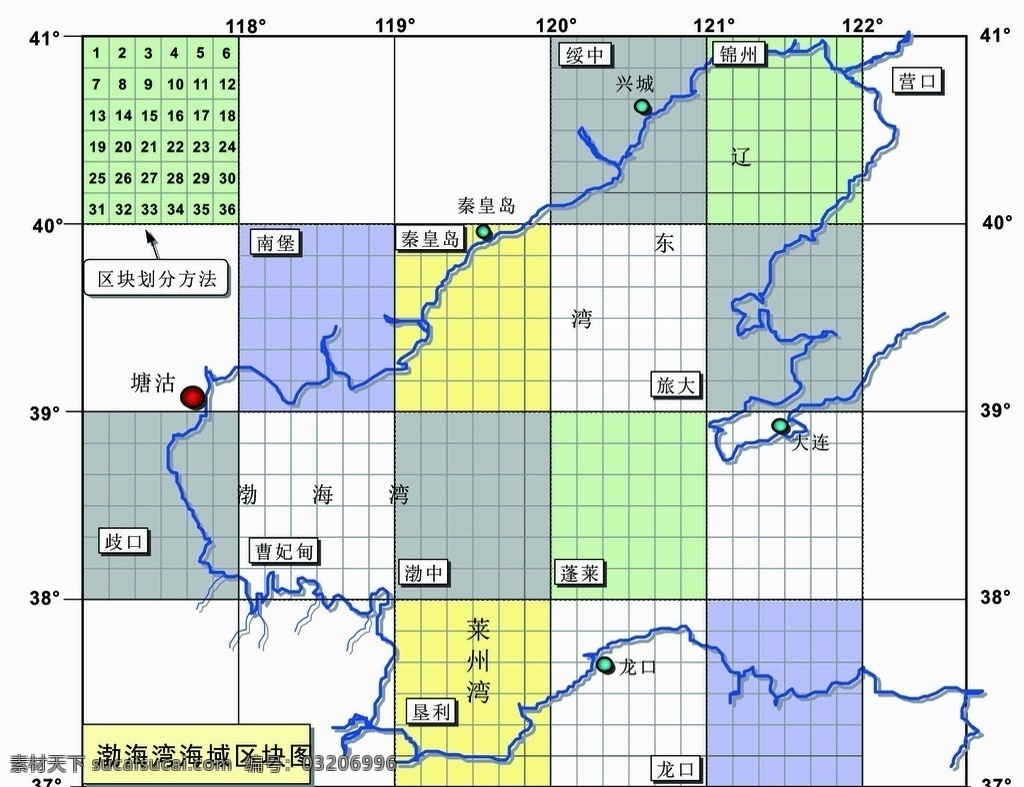 渤海 区块 划分 图 经纬度 石油 渤海湾 矢量