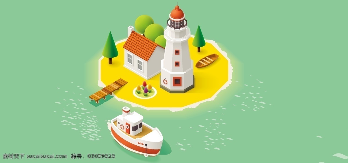 卡通 房子 游艇 海边 树木 淘宝 矢量 度假 小岛 海报