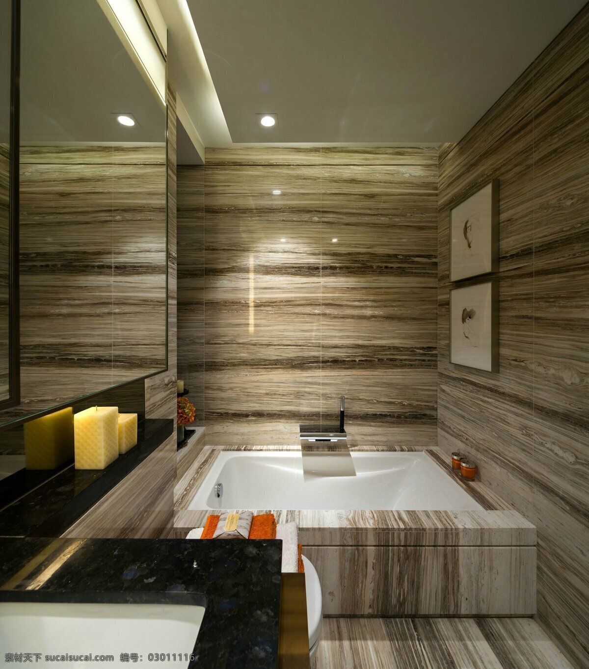 现代 简约 浴室 室内 装修设计 效果图 浴缸 洗手台 镜子 香氛 大理石 木材纹理 卫生间 家装效果图