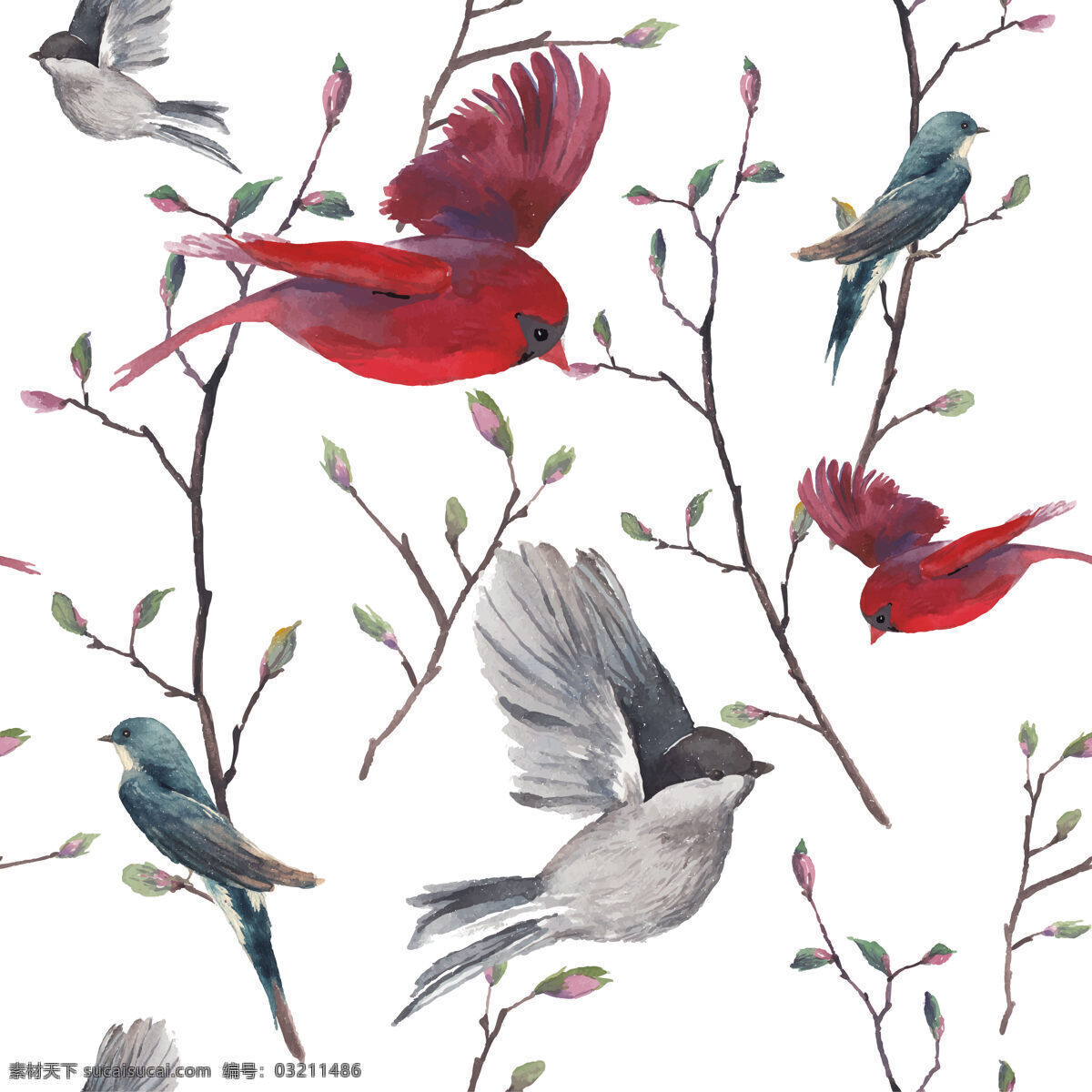 高雅 水墨 动植物 壁纸 图案 装饰设计 壁纸图案 浅褐色树枝 红色小鸟 灰色小鸟