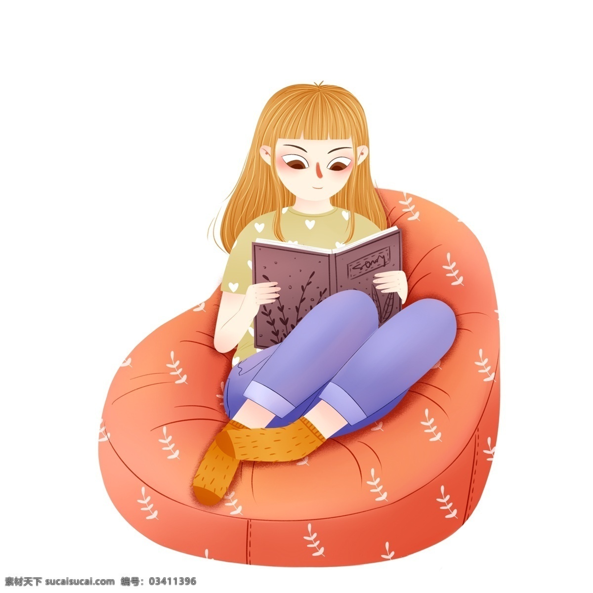 坐在 沙发 上 看书 女孩 图案 卡通人物 阅读 手绘 创意元素 psd元素 免抠元素