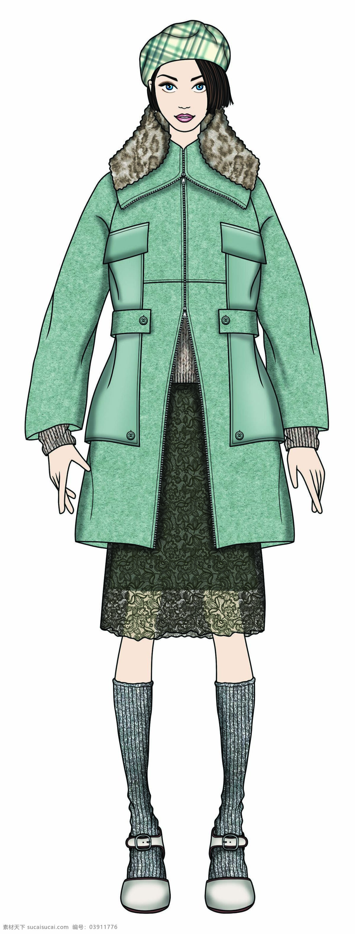 淑女 风格 淡绿色 外套 女装 服装 效果图 长袜 服装效果图 格子帽子 裤子 上衣