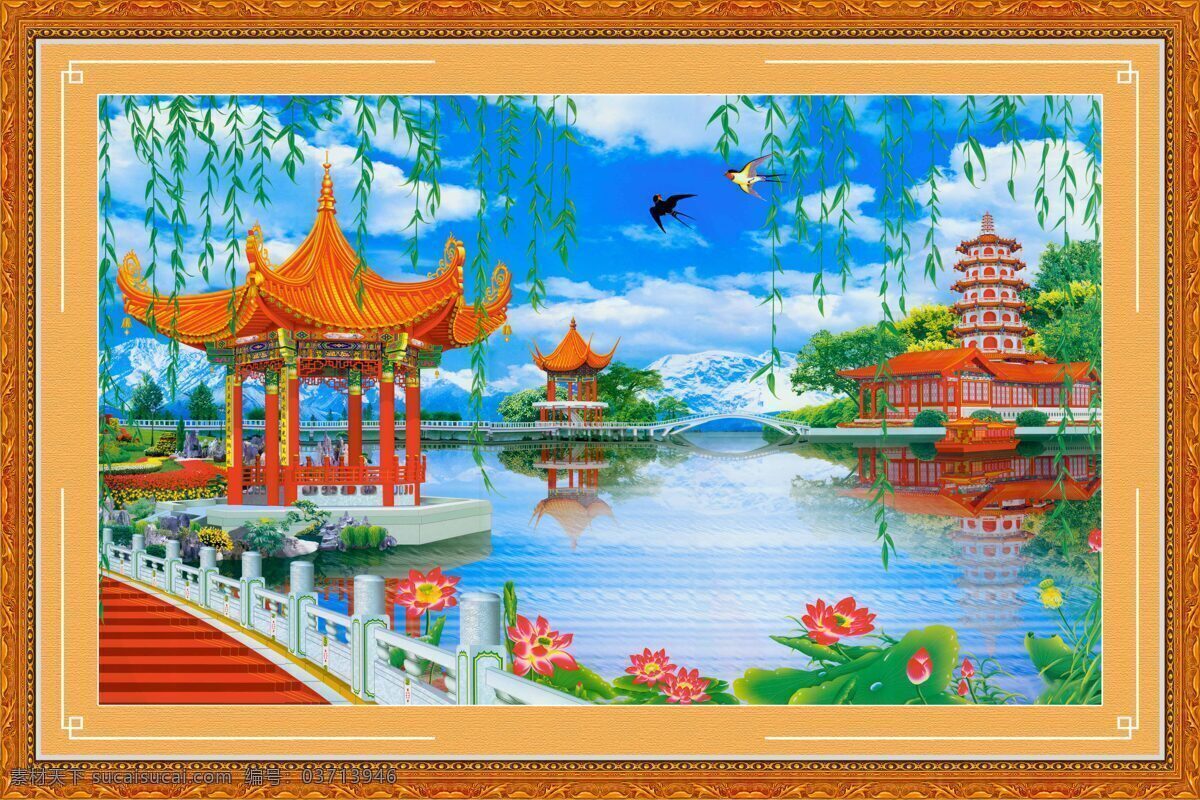 西湖美景 中堂 壁画 古亭 小桥 垂柳 燕子 雷峰塔 文化艺术 传统文化 设计图库