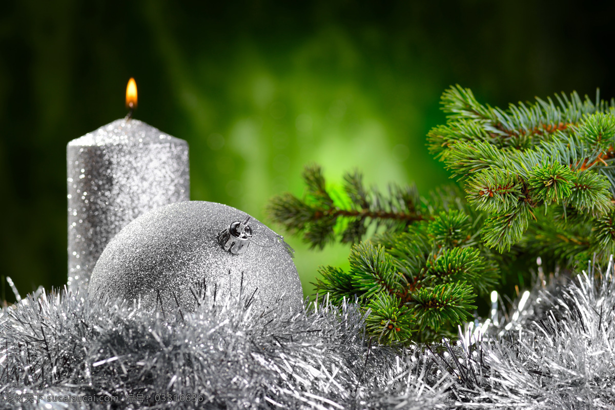 银色 圣诞球 蜡烛 圣诞节 圣诞节元素 银色圣诞球 丝带 松枝 节日庆典 生活百科