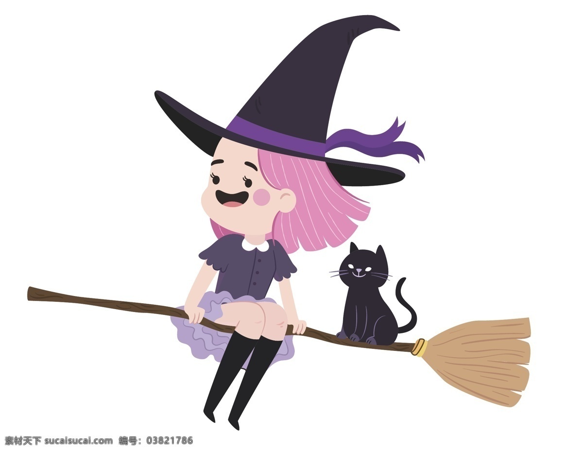 卡通 魔法 少女 元素 魔法帽 魔法少女 魔法扫把 矢量元素 手绘 黑色猫咪 ai元素