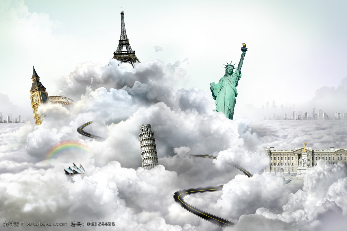 白云 里 建筑物 天空 自由女神 铁塔 斜塔 楼房 建筑 城市 底纹背景 创意图片 图片背景 其他风光 风景图片