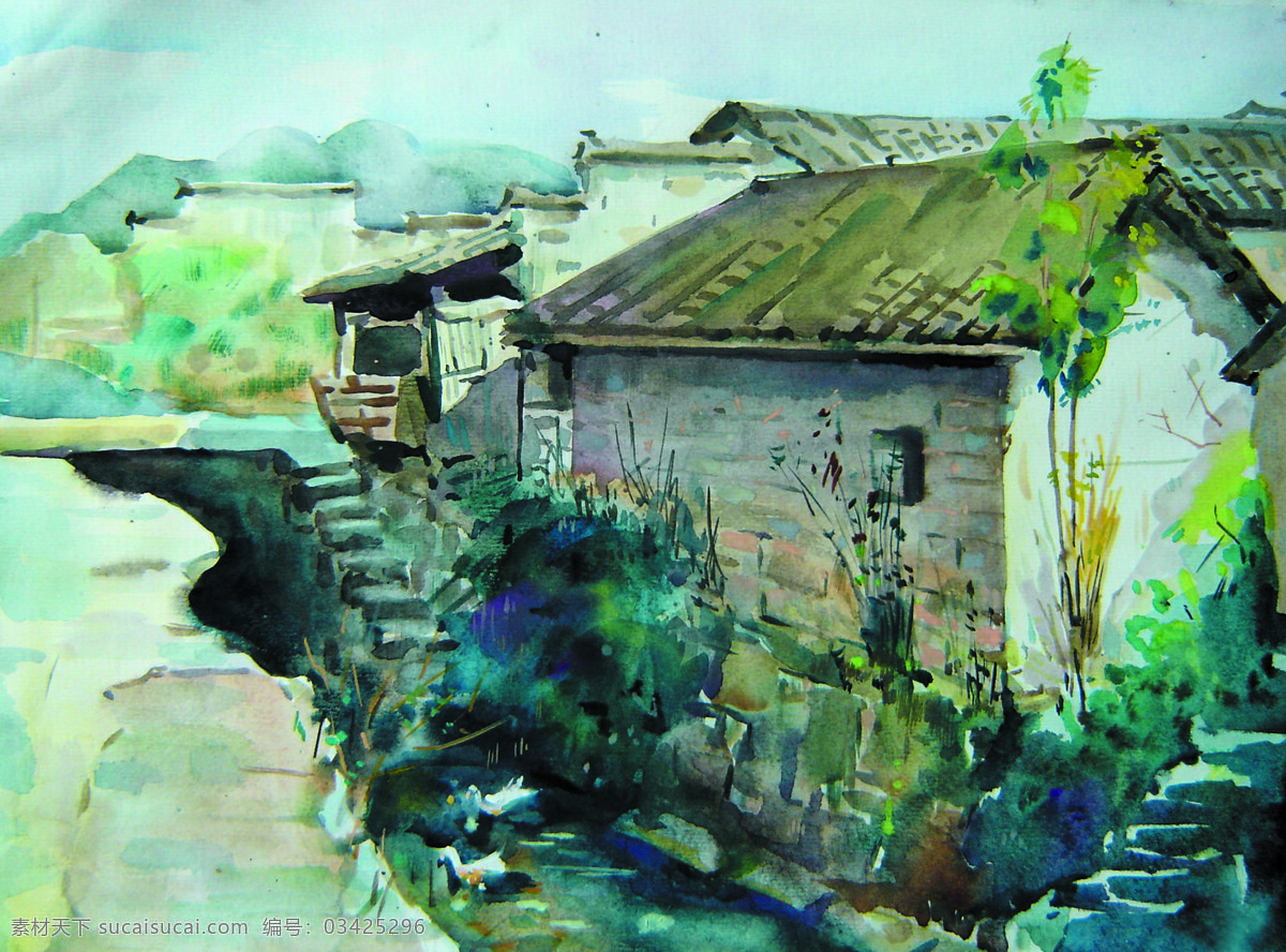 房屋 风景 绘画书法 美术 水彩画 文化艺术 乡村 一角 设计素材 模板下载 乡村一角 村道 水沟 水彩画艺术 水彩画专集