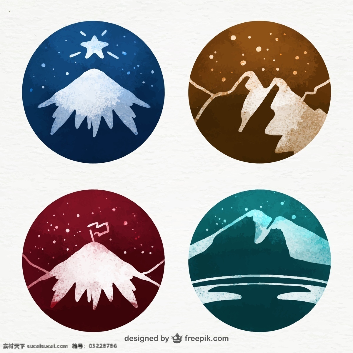 款 彩绘 圆形 雪山 标签 星星 雪花 旗子 山峰 自然 标志图标 其他图标