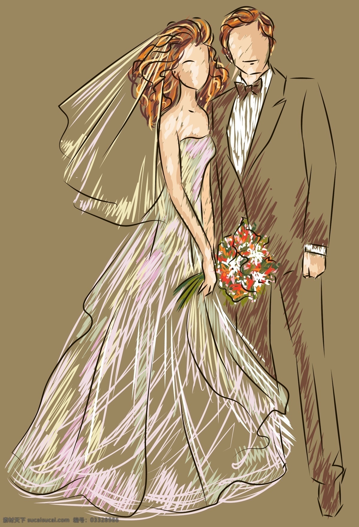 唯美 手绘 卡通 结婚 人物 插画 爱情 速写