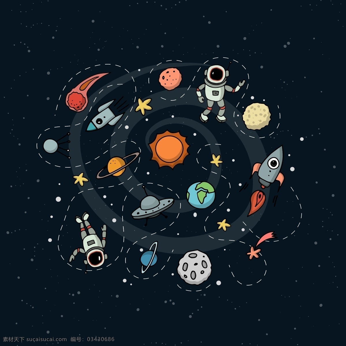 手绘 外层 空间 图 行星 火箭 空间插图 宇航员 星系 外层空间 太阳能系统 飞船 飞碟 宇宙 航天 卡通航天 航天科技 现代科技 科学研究