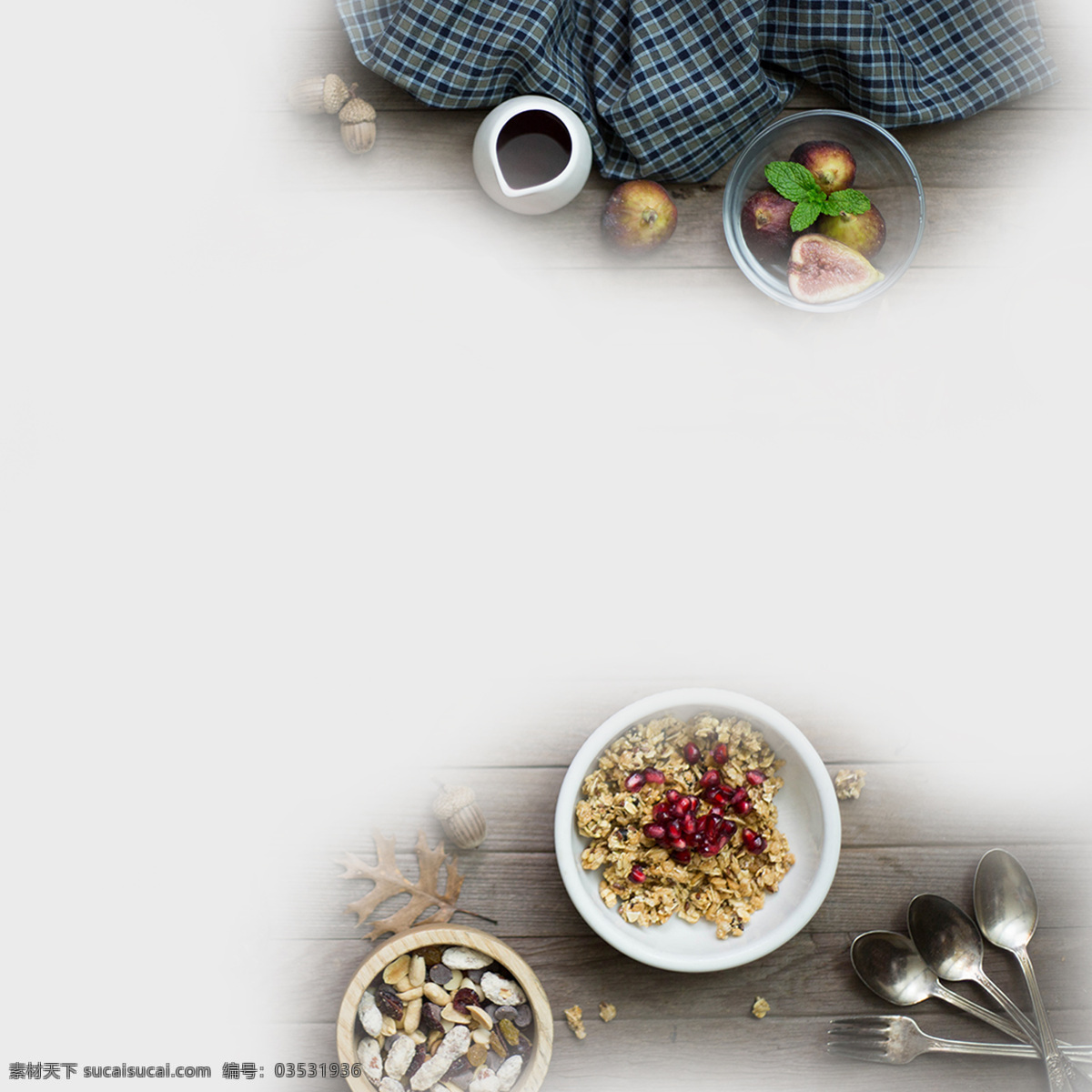 燕麦 早餐 背景 图 勺子 红色 格子布 不锈钢 叉子 背景素材