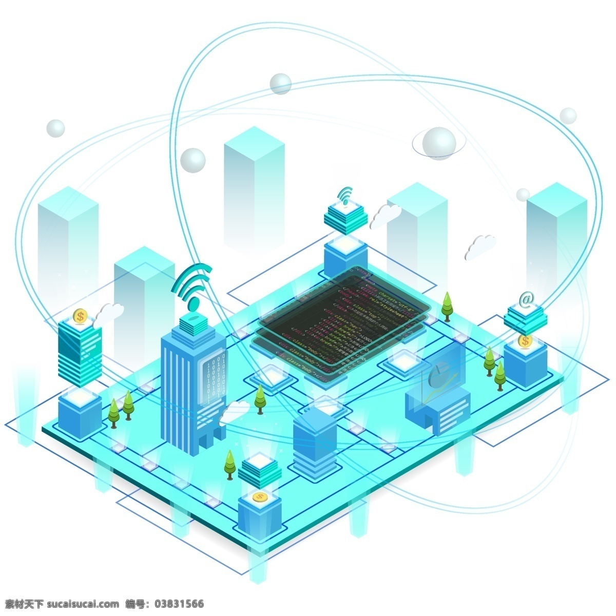 d 科技 互联网 城市 网络 数据 程序 代码 建筑 科技感 2.5d 科技城市 未来城市 信号 通信 通讯 大数据 信息传递 城市管网 资源输送 智慧城市
