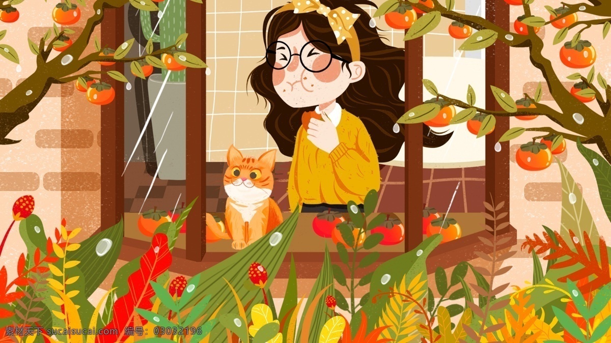唯美 节气 寒露 插画 女孩 窗 吃 柿子 秋季 植物 少女 手绘人物 蓝天白云 寒露插画 节气插画 节气寒露 二十四节气 24节气 绿植 手绘植物 露珠 露水 寒露背景 柿子树 柿子红了