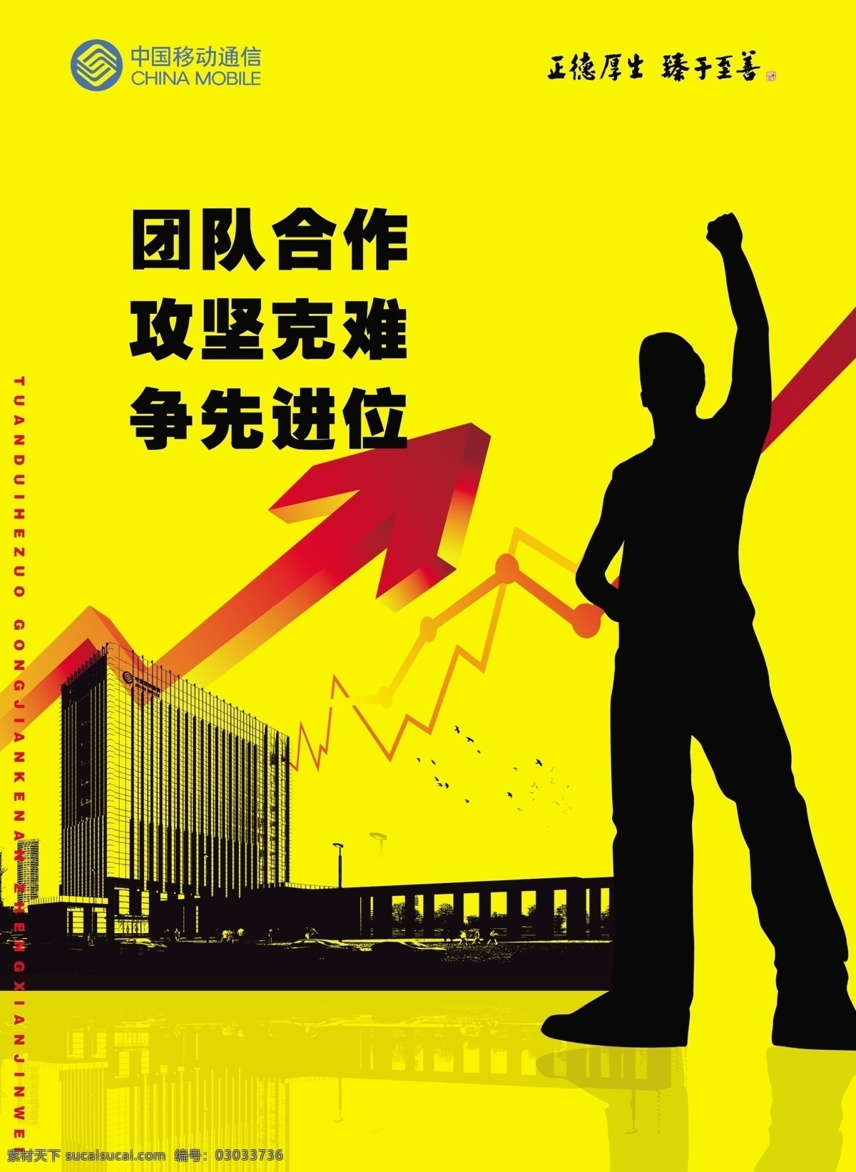 移动海报 移动 团队 向上奋斗 积极合作 键头 人物剪影 建筑 广告设计模板 源文件