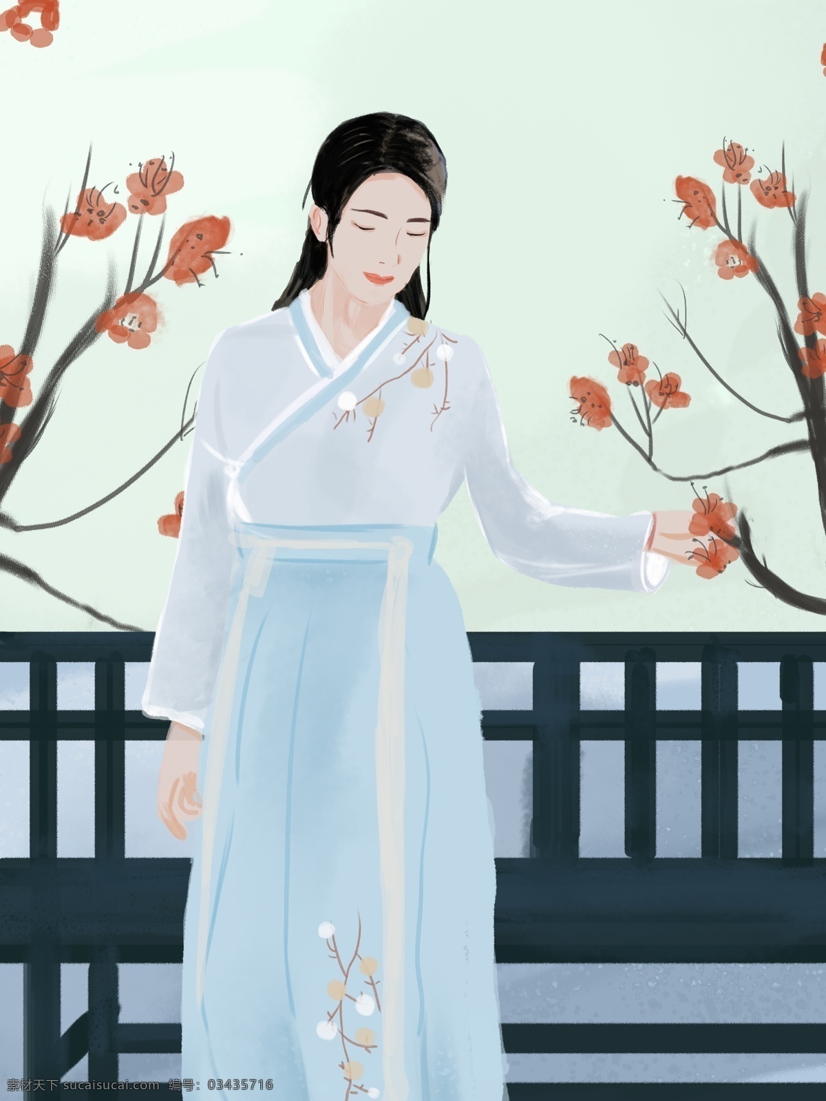 中国 风 水彩 女生 穿 裙子 插画 中国风 长椅 配图