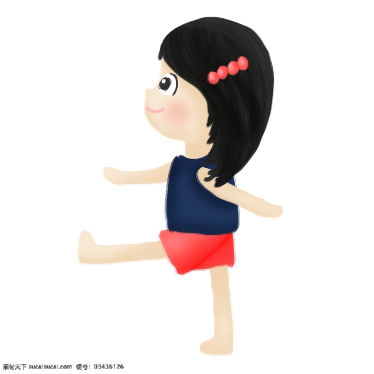 夏季 夏天 背心 短裤 可爱 女孩 手绘 插画 头花 红色 蓝色 人物 女子 萌 卡通 微笑 大眼睛