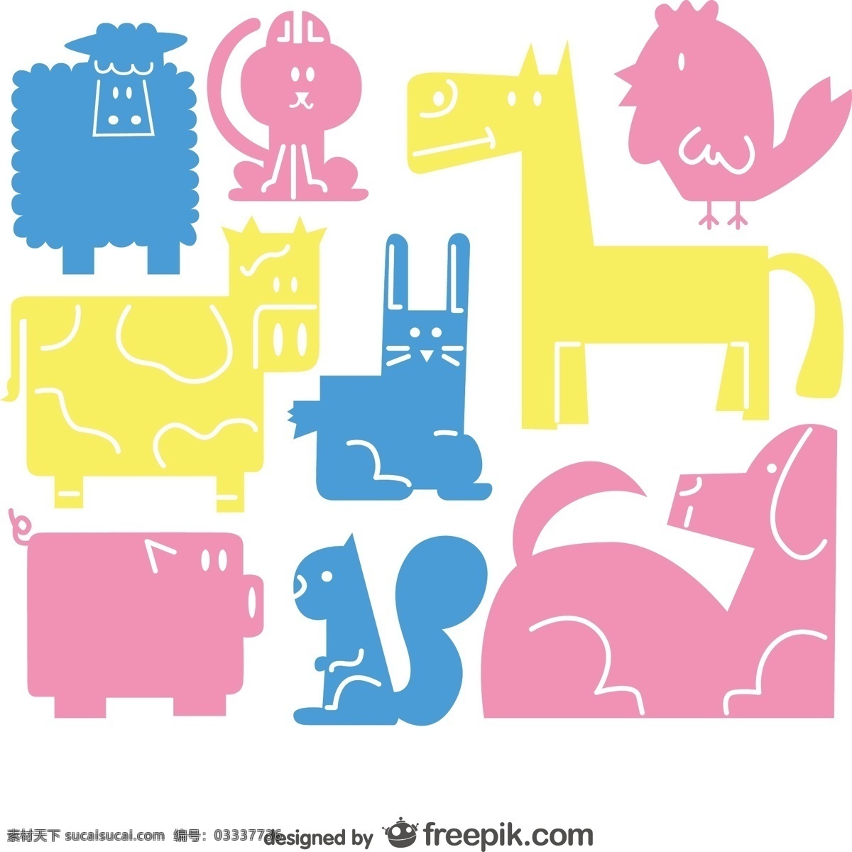 农场 动物 集合 狗 模板 猫 蓝色 颜色 粉红色 艺术 绵羊 牛 可爱 布局 猪 彩色 兔子 白色