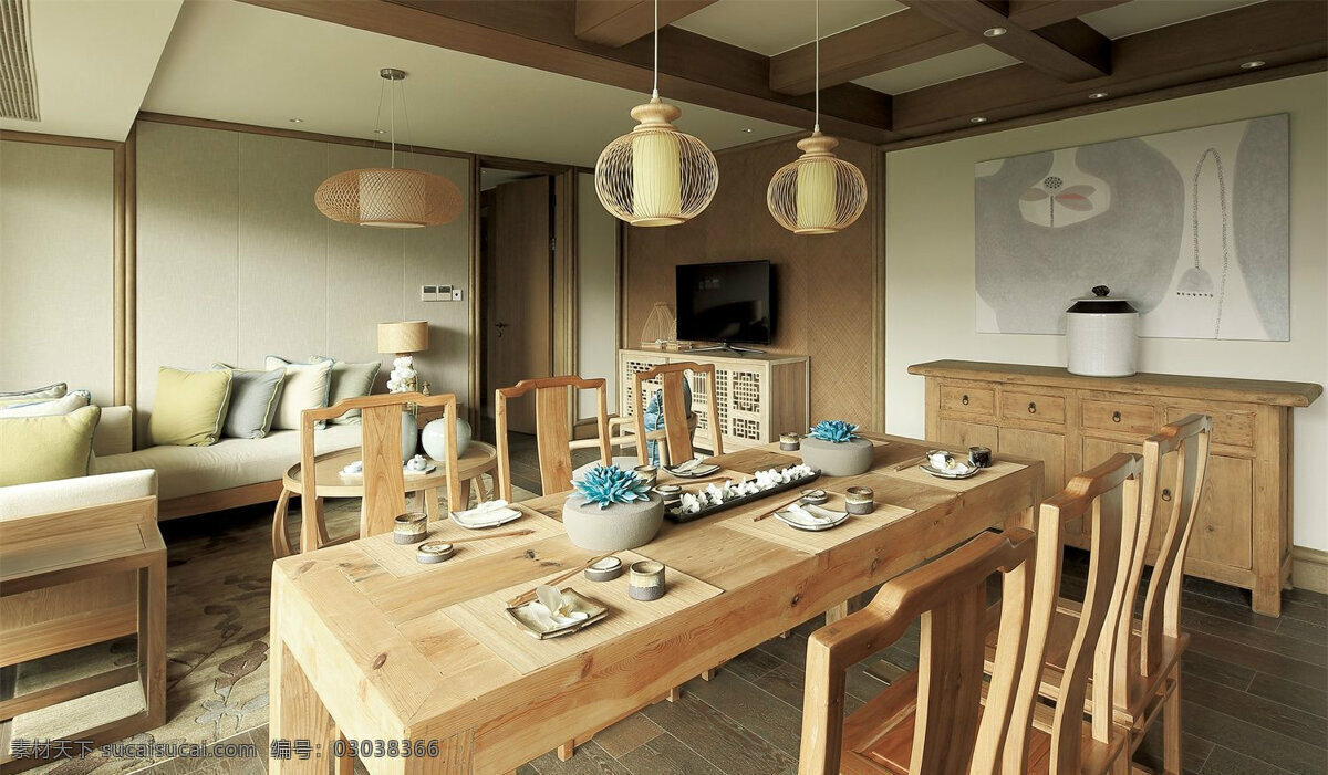 温馨 创意 新 中式 原木色 餐桌 餐厅 吊灯 效果图 时尚 新中式风格 原木色餐桌 餐厅装修