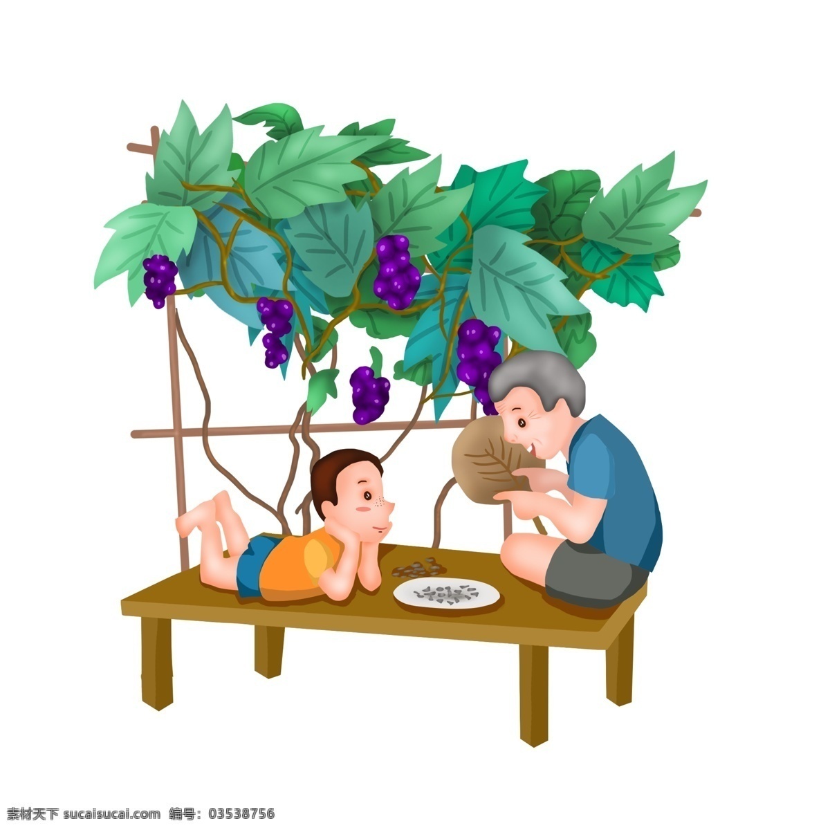 商用 高清 手绘 立夏 葡萄架 下 纳凉 瓜子 卡通人物 桌子 可商用 小清新