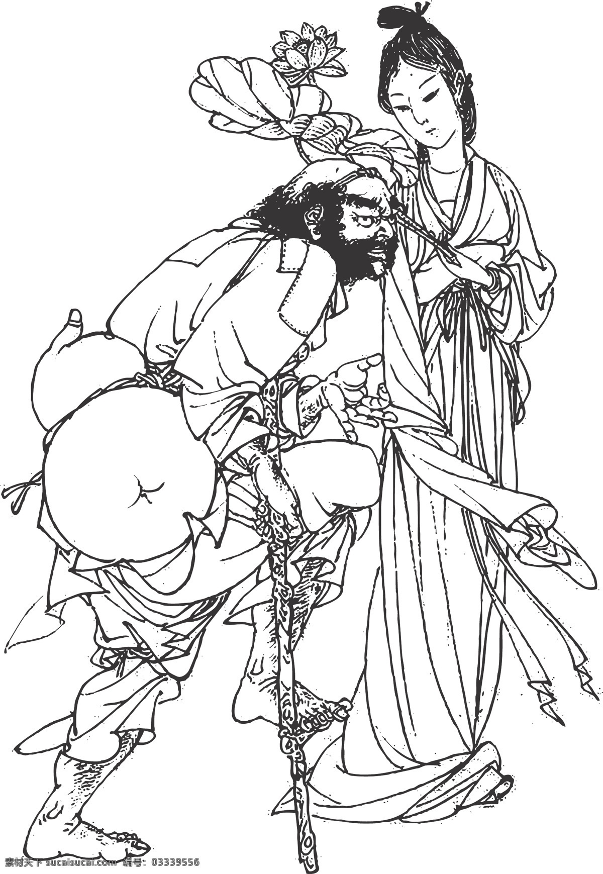 铁拐李 何仙姑 李洪水 李玄 八仙之首 天资聪慧 药王 资历深 人物 女子 羽化登仙 佛光普照 佛的空性 手持莲花 八仙 线条 矢量 装饰 插画 白描 剪纸 文化艺术 传统文化