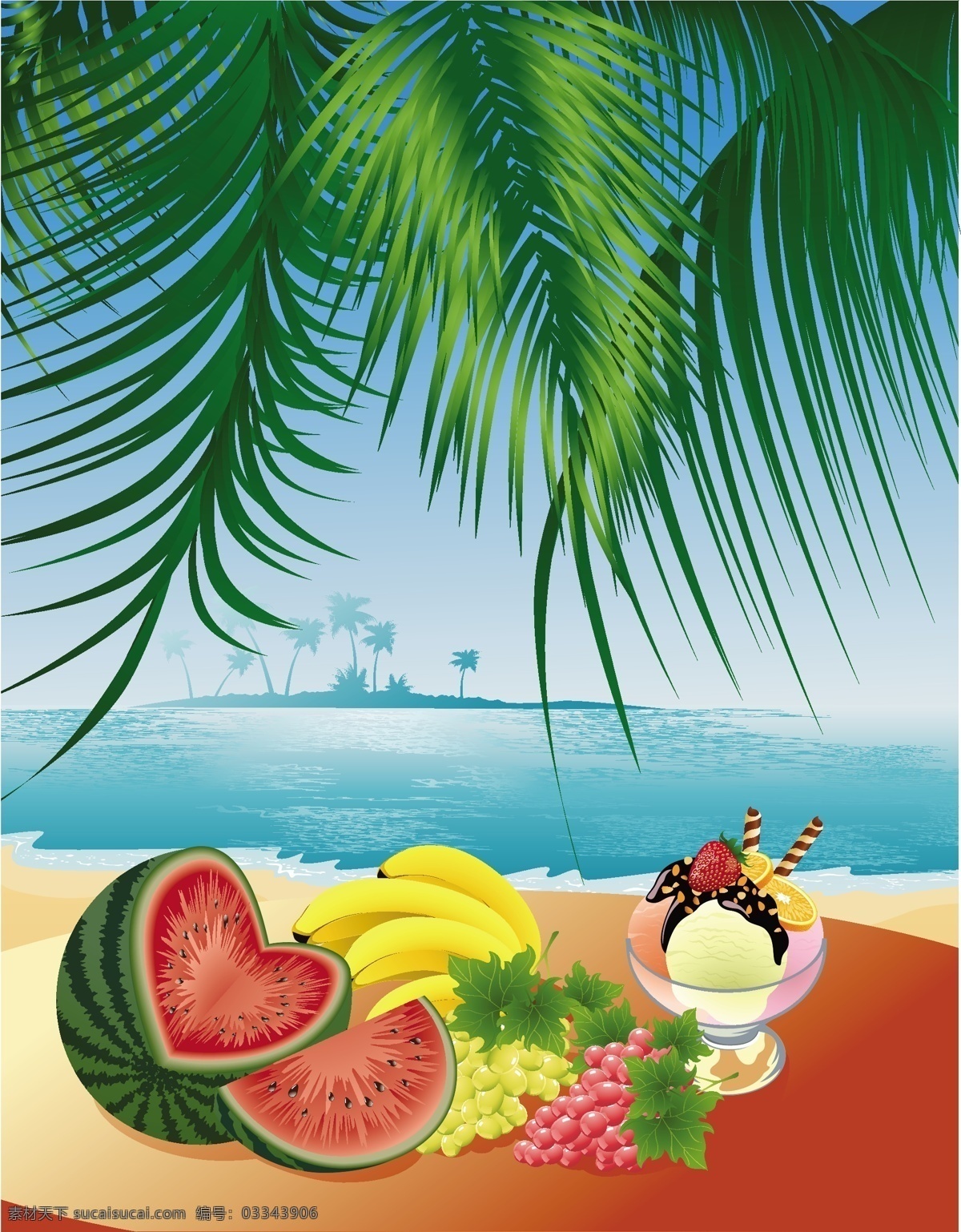 各种 水果 海滩 风景 矢量 各种水果 海滩风景 西瓜 香蕉 葡萄 水果冰 椰树