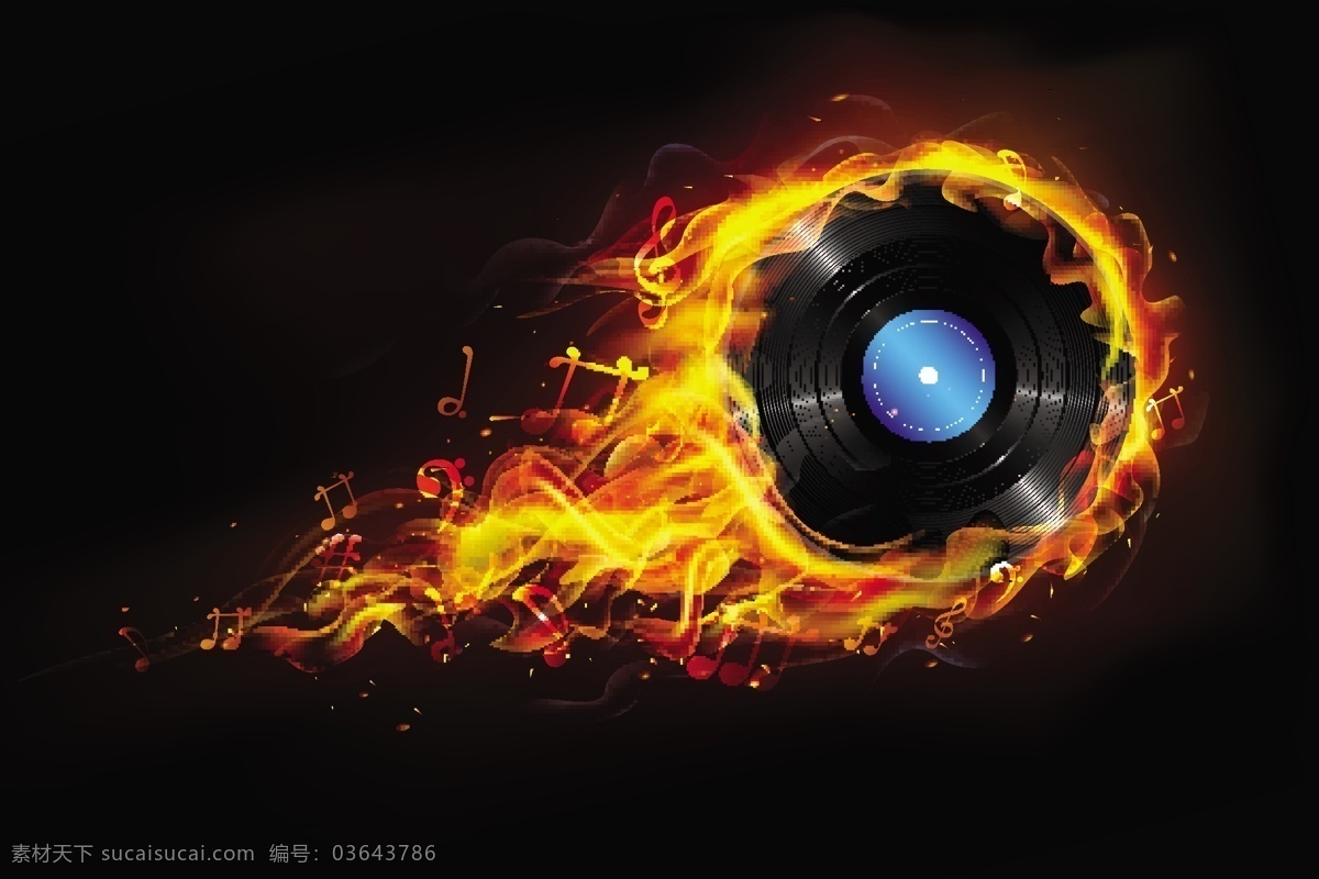 火焰唱片 唱片 光碟 艺术 创意 火 特效 插画 背景 黑胶 火焰 矢量图 平面设计