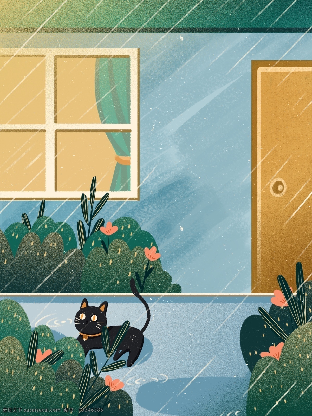 雨季 唯美 家 窗前 治愈 插画 背景 广告背景 植物背景 猫咪 背景素材 插画背景 通用背景