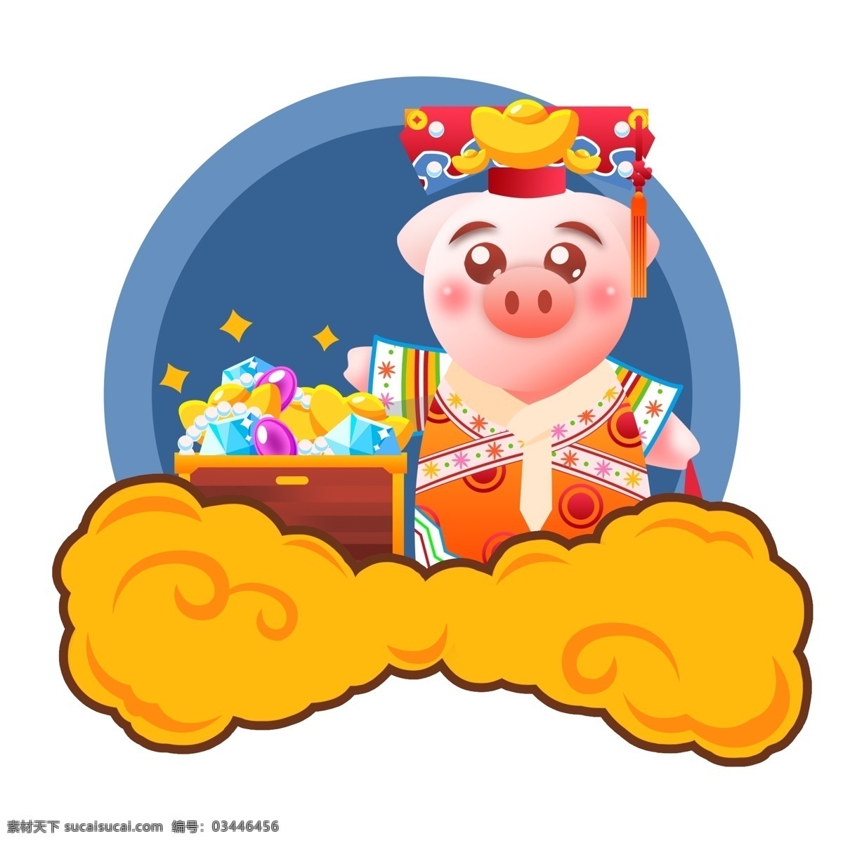 2019 春节 拜年 生肖 猪 格格 宝藏 宝石 钻石 卡通 可爱 新年 猪年快乐 满族元素 珍珠 财宝 旗头
