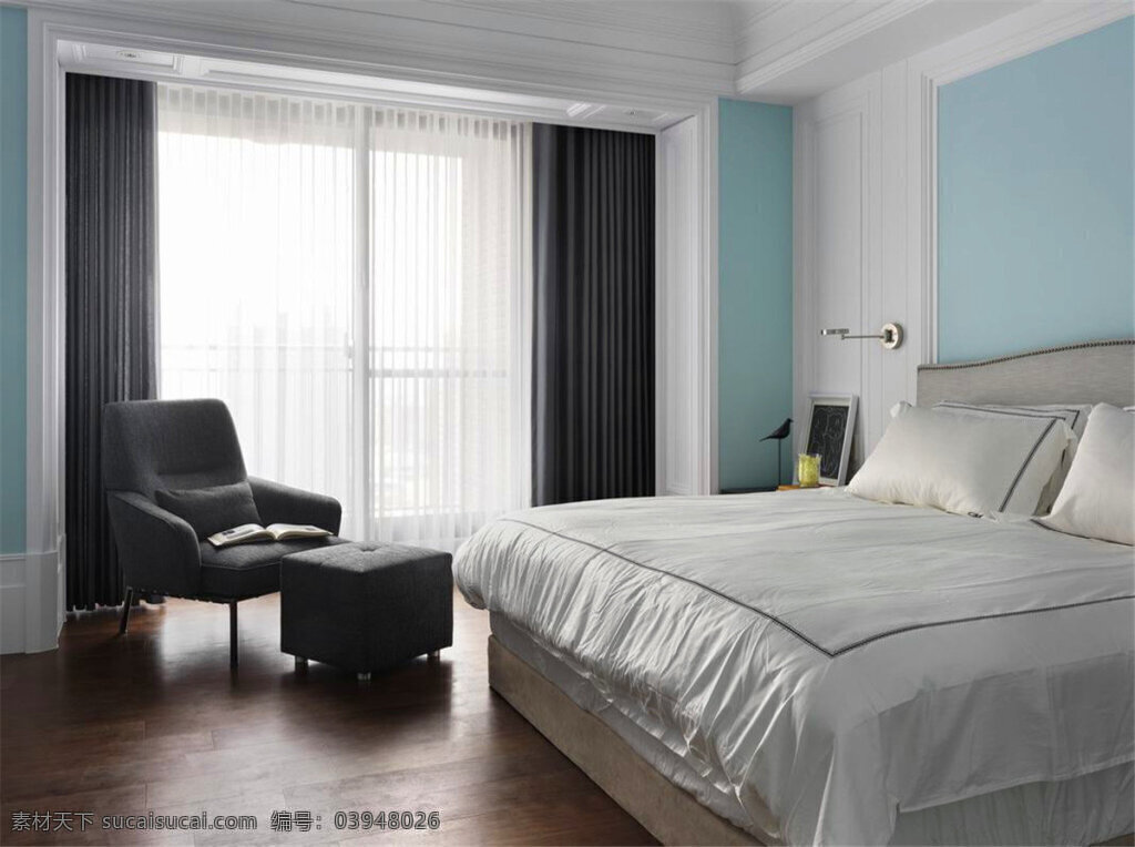 清新 卧室 浅蓝色 背景 墙 室内装修 效果图 卧室装修 浅蓝色背景墙 深色沙发椅 木地板