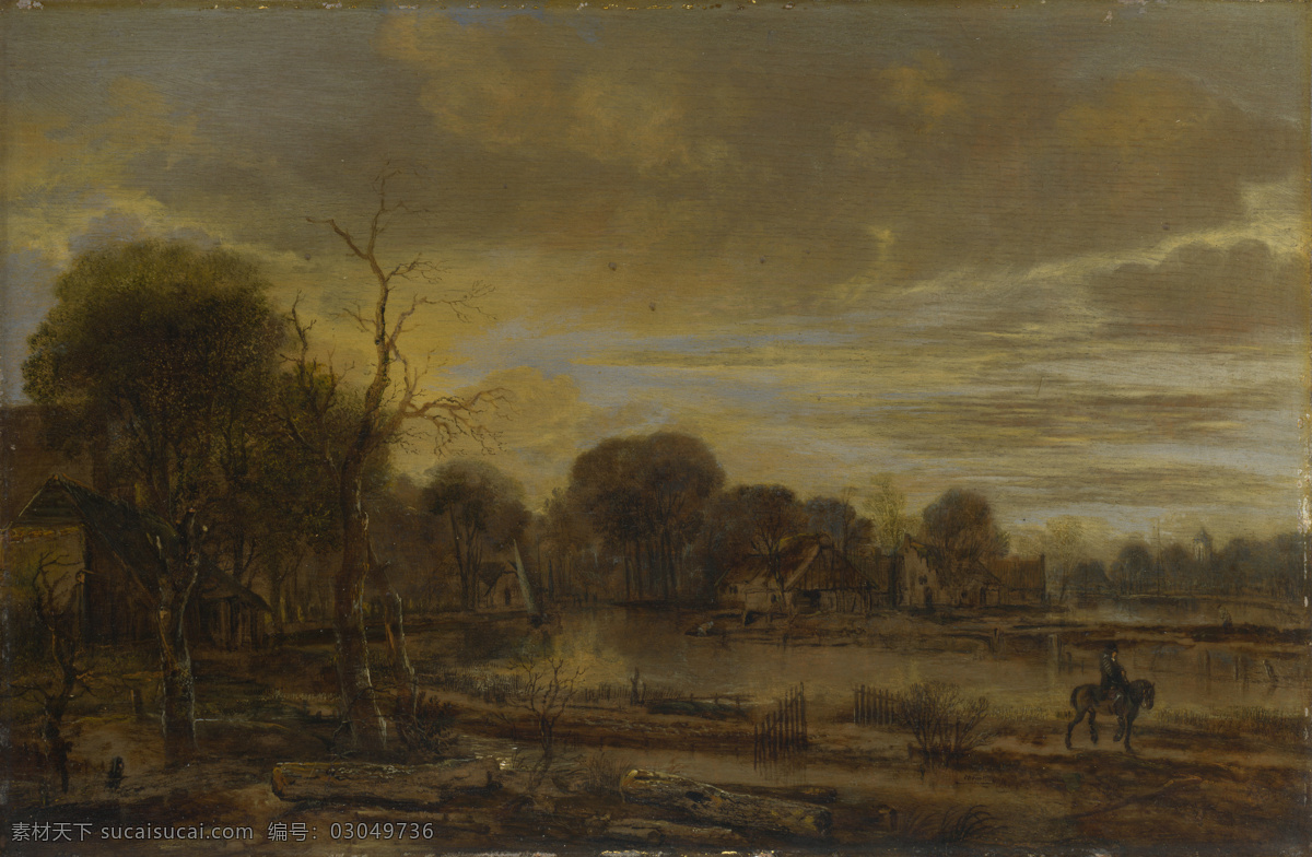village 大师 画家 古典 画 建筑 景物 装饰画 油画 with landscape river neer der van aert 人物 高清 西方 国外 现代 家居装饰素材