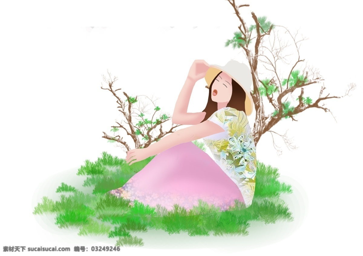 拍照 春游 卡通 插画 拍照的女孩 绿色的植物 卡通插画 春游插画 郊游插画 外出活动 春游游玩