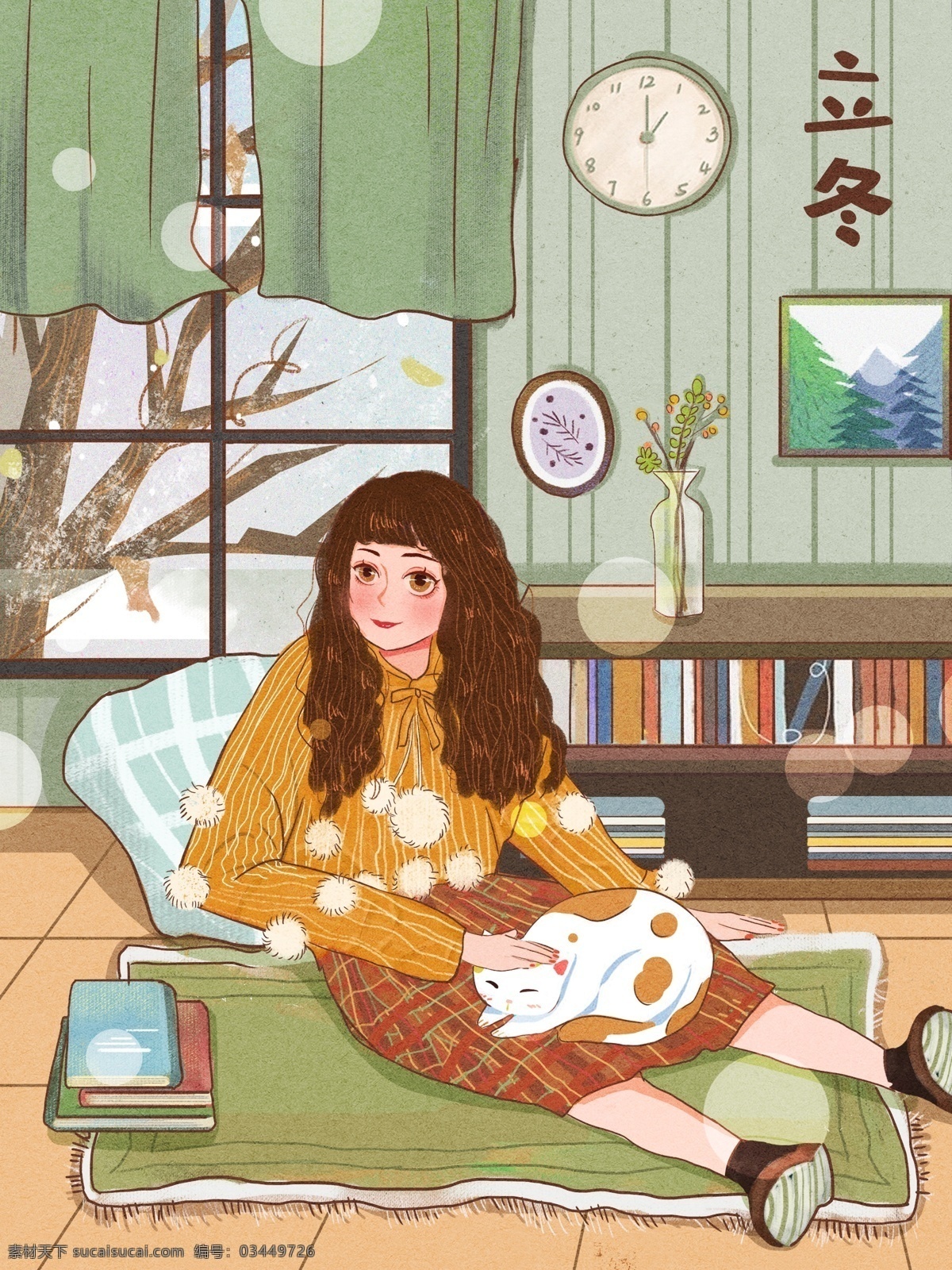 立冬 撸 猫 宅 家 女孩 原创 儿童 插画 撸猫 宅家 绿色 儿童插画 可爱 猫咪 冬天 节日节气
