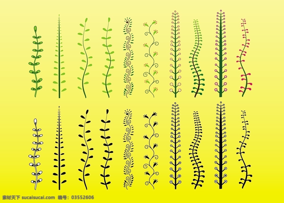 植物 矢量 剪贴 画 春天 复古 花 剪贴画 剪影 绿 曲线 图 纹身 夏天 卷曲的 装饰 元 新鲜的 叶 自然 集 形状 矢量图 其他矢量图