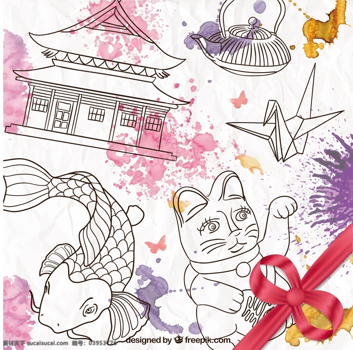 手绘日本文化 水彩 飞溅 折纸 日本 中国 绘画 日语 东方 文化 亚洲 手工