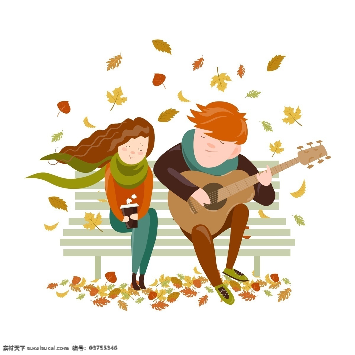 秋天 公园 里 男孩 女孩 弹 吉他 爱情 表白 弹吉他 人物
