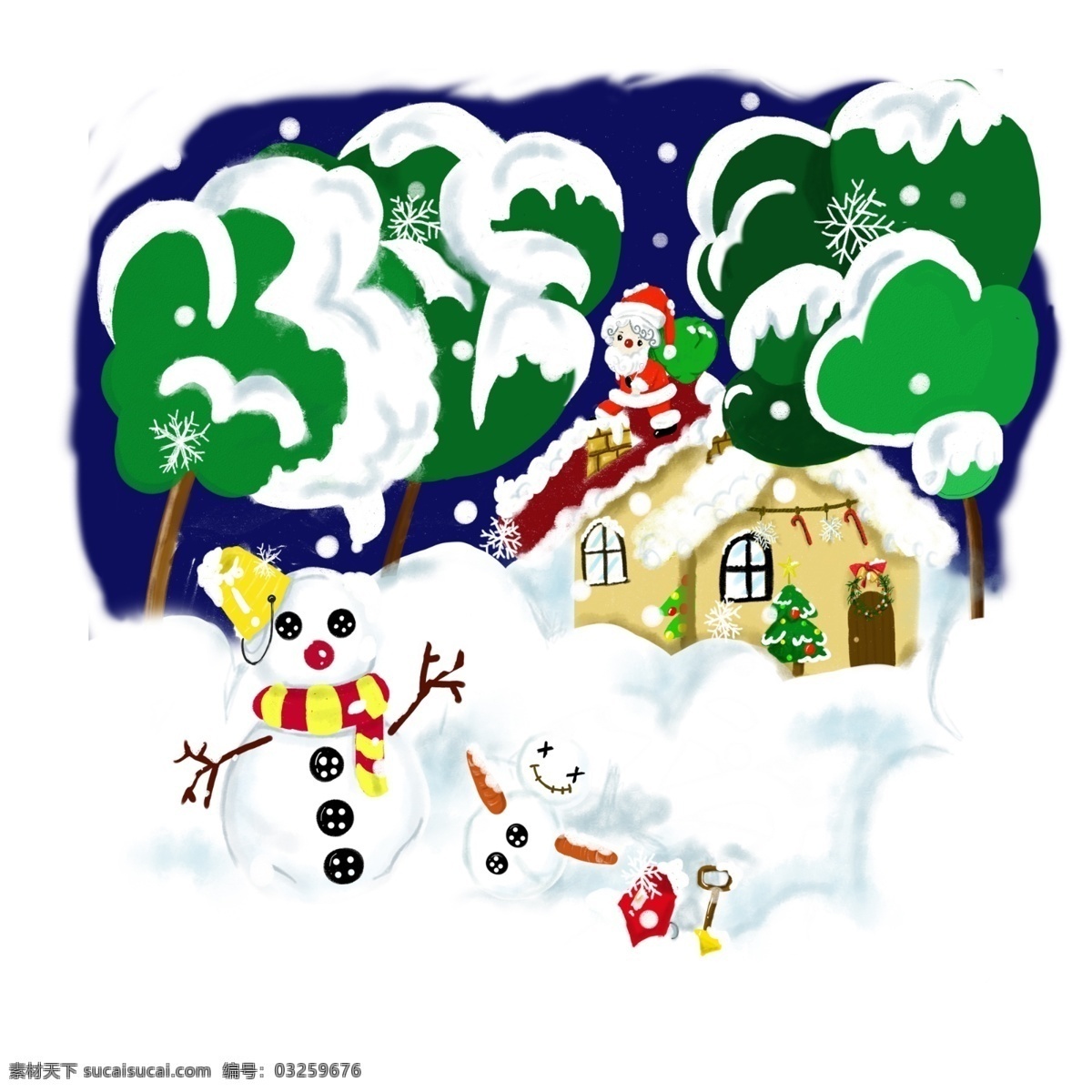 圣诞节 冬日 雪景 手绘 卡通 麋鹿 商用 插画 元素 冬日雪景 卡通麋鹿 雪花