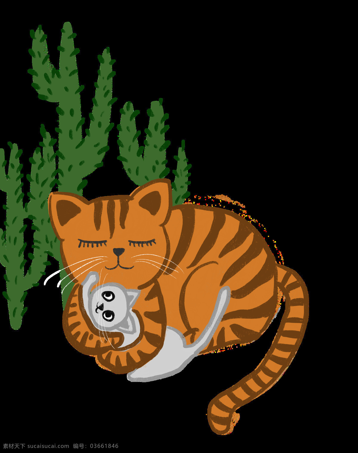 母亲节 猫咪 妈妈 孩子 免 抠 图 节日 手绘 插画 仙人掌 橘色 绿色 童趣 育儿 母婴 幼儿园 微信 网页